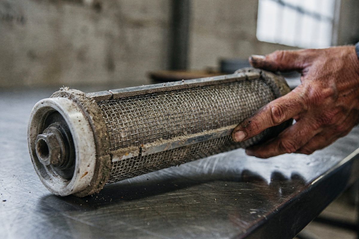 An in-line filter cartridge opened to show its mesh screen